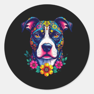 Pegatina Redonda Perro Pitbull de Cráneo de Azúcar Mexicano Día de