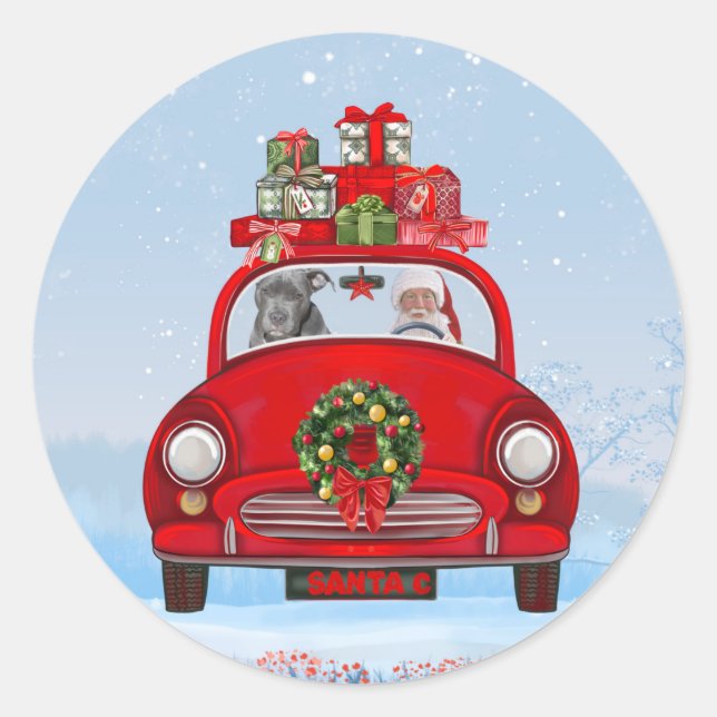Pegatina Redonda Perro Pitbull En Coche Con Santa Claus (Anverso)