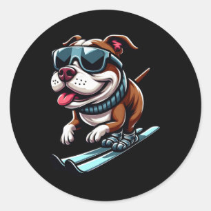 Pegatina Redonda Perro Pitbull Esquí Deportes de Invierno Diversión