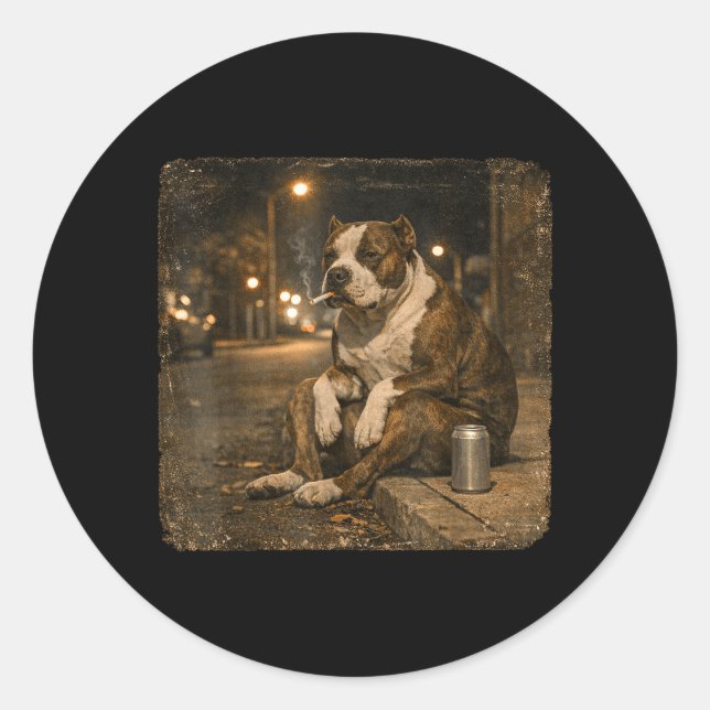 Pegatina Redonda Perro Pitbull Fumando Cigarrillo Meme Divertido Ce (Anverso)