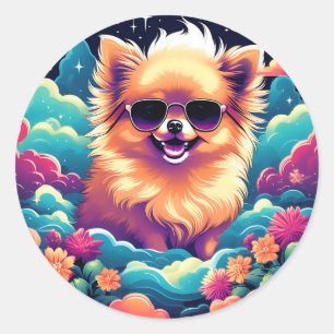 Pegatina Redonda Perro Pomeraniano de ensueño con gafas de sol