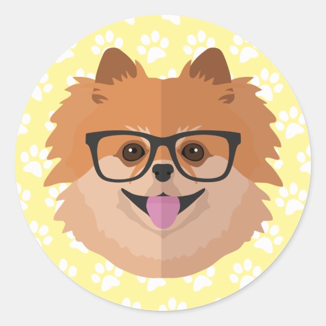 Pegatina Redonda Perro Pomerano En Lentes Nerviosas | Regalo de Hip (Anverso)