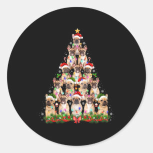 Pegatina Redonda Perro Pug Árbol de Navidad Encendido Nochebuena Gr