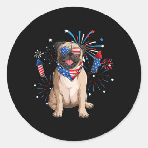 Pegatina Redonda Perro Pug Bandera Estadounidense 4 De Julio Hombre