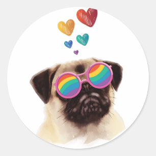 Pegatina Redonda Perro Pug con Corazones Día de San Valentín