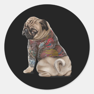 Pegatina Redonda Perro Pug Con Tatuaje Dragón Japonés Tradicional I