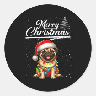 Pegatina Redonda Perro Pug Divertido Luces de Navidad Sombrero de S