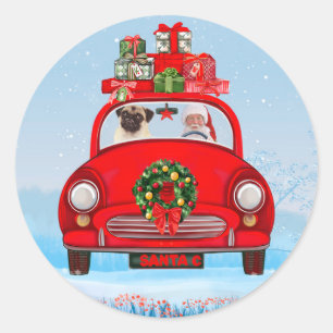 Pegatina Redonda Perro Pug en coche con Papá Noel