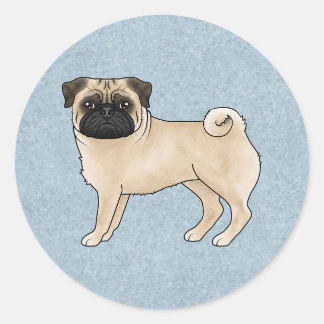 Pegatina Redonda Perro Pug Fawn agudo parado Ilustracion Personaliz (Anverso)