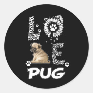 Pegatina Redonda Perro Pug Flor Lover
