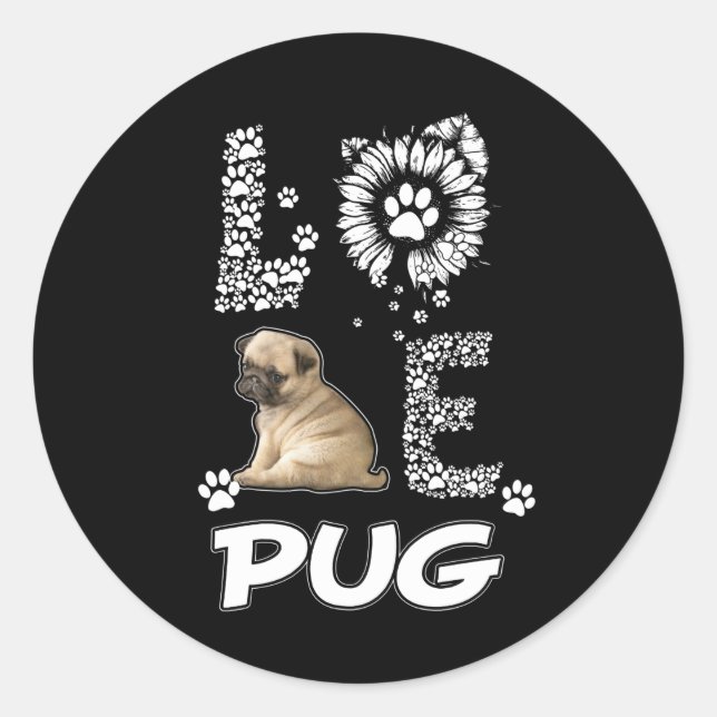 Pegatina Redonda Perro Pug Flor Lover (Anverso)