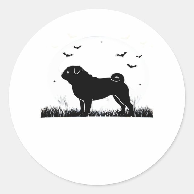 Pegatina Redonda Perro Pug - Halloween Moon Silhouette Classic T-Sh (Anverso)
