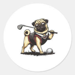 Pegatina Redonda Perro Pug Jugando Golf - Golfista