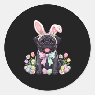 Pegatina Redonda Perro pug negro conejo de Pascua huevos flor prima