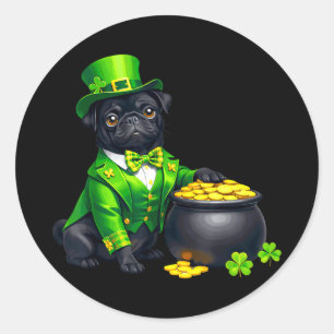 Pegatina Redonda Perro pug negro duende shamrocks st patrick's