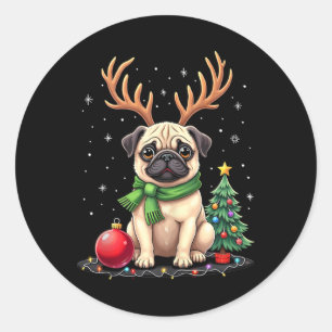 Pegatina Redonda Perro pug reno Navidad Perro amante Familia gracio