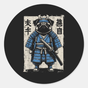Pegatina Redonda Perro Pug Samurai Gracioso Hombres de arte guerrer