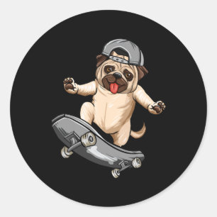 Pegatina Redonda Perro Pug Skater Monopatista Monopatismo Niño Gris
