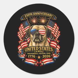 Pegatina Redonda Perro Puggle Usa Independencia 1776 2026 Patriótic
