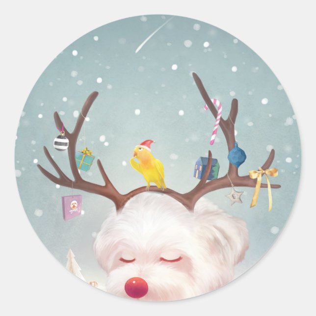 Pegatina Redonda Perro reno con adornos navideños (Anverso)