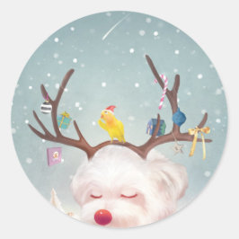 Pegatina Redonda Perro reno con adornos navideños