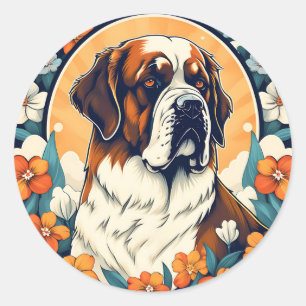 Pegatina Redonda Perro Retrato San Bernardo Con Flores