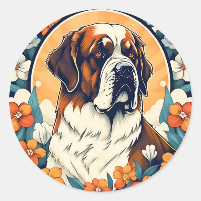 Pegatina Redonda Perro Retrato San Bernardo Con Flores (Anverso)