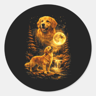 Pegatina Redonda Perro Retriever Dorado Arte de Noche a la Luz de l