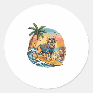 Pegatina Redonda Perro Retriever Dorado Surfing Surfboard Atardecer