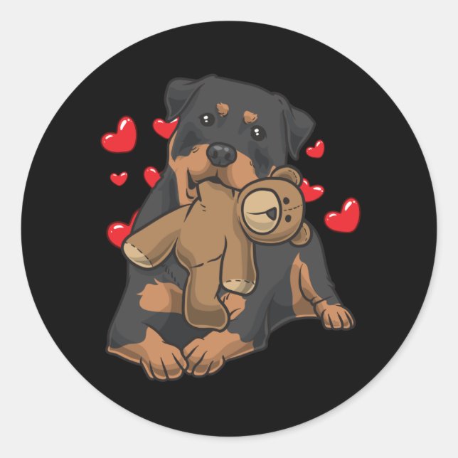Pegatina Redonda Perro Rottweiler con animal relleno y corazones (Anverso)