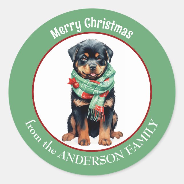 Pegatina Redonda Perro Rottweiler con bufanda de Navidades rojos y  (Anverso)