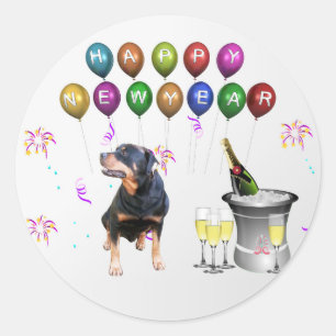 Pegatina Redonda Perro Rottweiler Feliz Año Nuevo