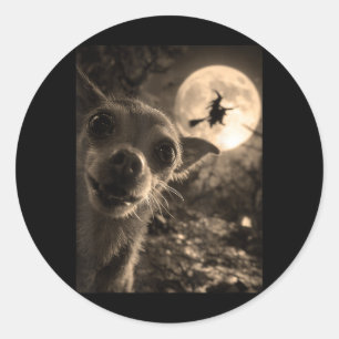 Pegatina Redonda Perro salchicha divertido selfie luna llena bruja