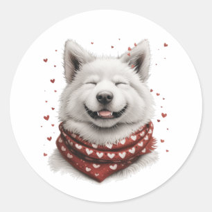 Pegatina Redonda Perro Samoyedo Día de San Valentín