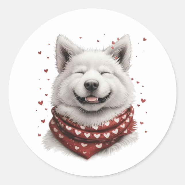 Pegatina Redonda Perro Samoyedo Día de San Valentín (Anverso)