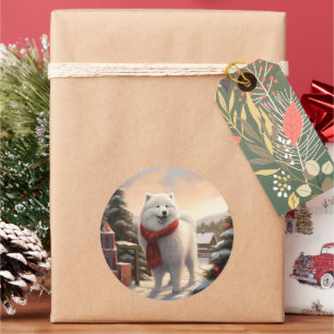 Pegatina Redonda Perro Samoyedo en Navidad con nieve 