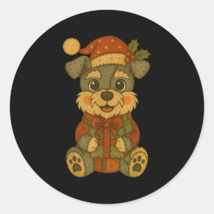 Pegatina Redonda Perro Schnauzer con Sombrero Santa para Navidad