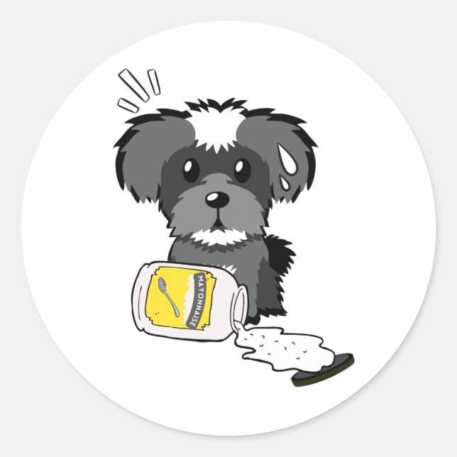 Pegatina Redonda Perro schnauzer divertido derramado mayonesa (Anverso)