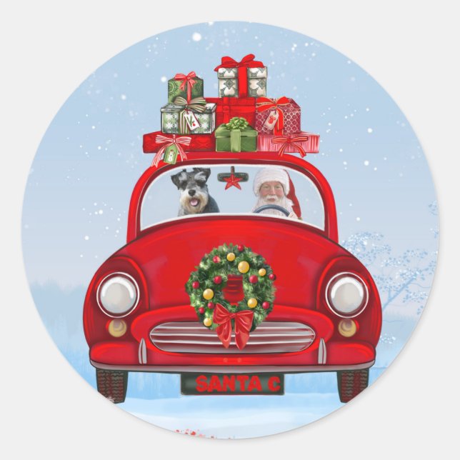 Pegatina Redonda Perro Schnauzer en coche con Papá Noel  (Anverso)