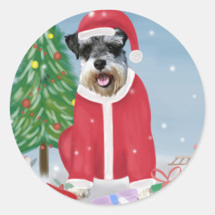 Pegatina Redonda Perro Schnauzer en Navidades de nieve