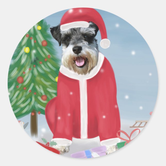Pegatina Redonda Perro Schnauzer en Navidades de nieve (Anverso)