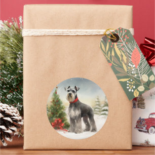 Pegatina Redonda Perro Schnauzer en Navidades de nieve