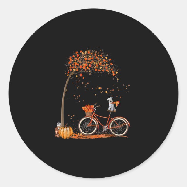 Pegatina Redonda Perro Schnauzer Y Calabazas Bicicletas Hoja Otoño (Anverso)