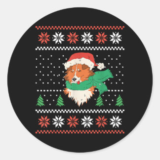 Pegatina Redonda Perro Sheltie De Navidad Con Gorro De Santa Cute X