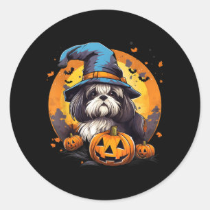 Pegatina Redonda Perro Shih Tzu Bruja de Halloween Espeluznante