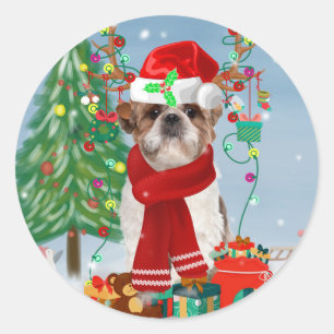 Pegatina Redonda Perro Shih Tzu en Navidades de nieve