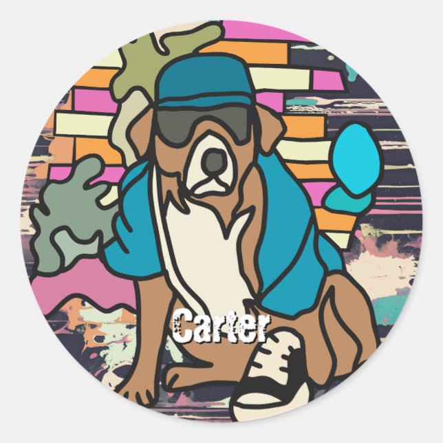 Pegatina Redonda Perro Street Retro, gorra y zapatillas | Divertido (Anverso)