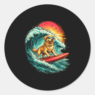 Pegatina Redonda Perro surfista divertido golden retriever playa ol