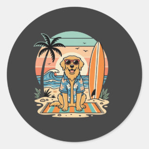 Pegatina Redonda Perro Surfista Playa Retro Verano