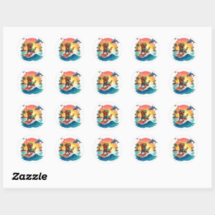 Pegatina Redonda Perro Surfista 🐾 Sticker de Golden Retriever en P